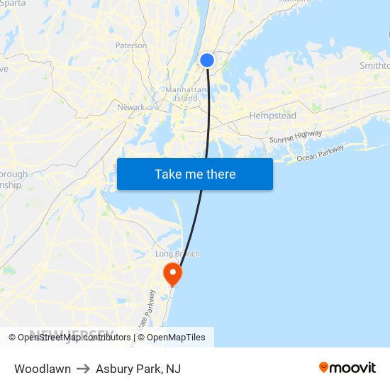 Woodlawn to Asbury Park, NJ map