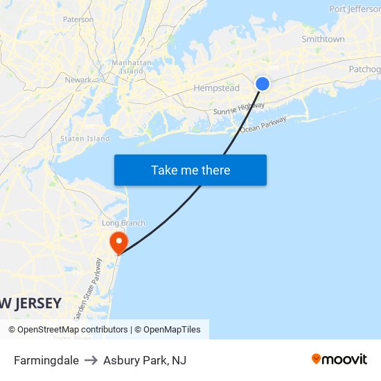 Farmingdale to Asbury Park, NJ map