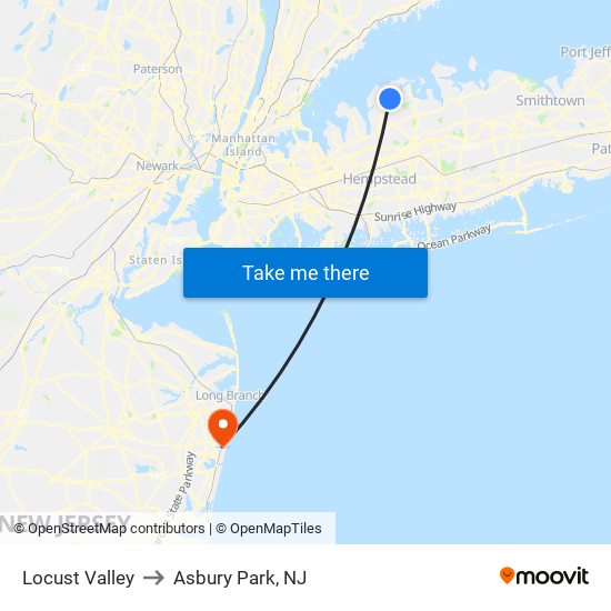 Locust Valley to Asbury Park, NJ map