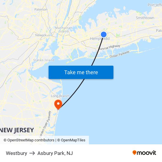 Westbury to Asbury Park, NJ map