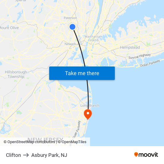 Clifton to Asbury Park, NJ map