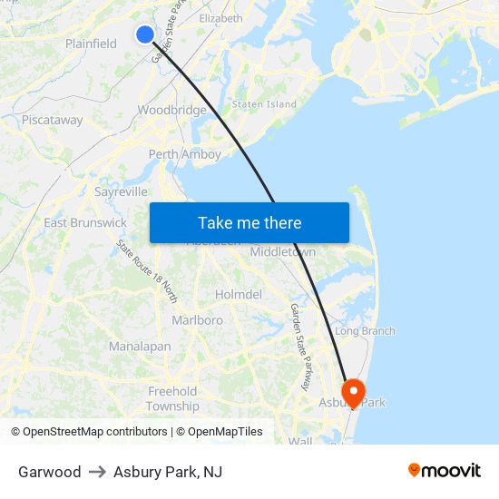 Garwood to Asbury Park, NJ map