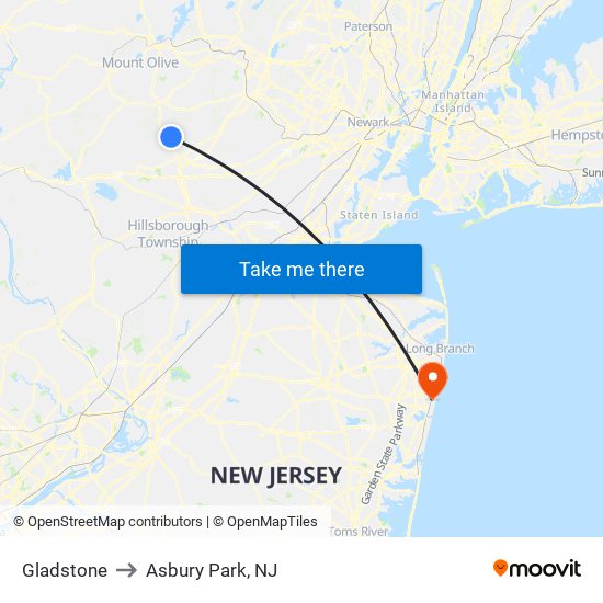 Gladstone to Asbury Park, NJ map