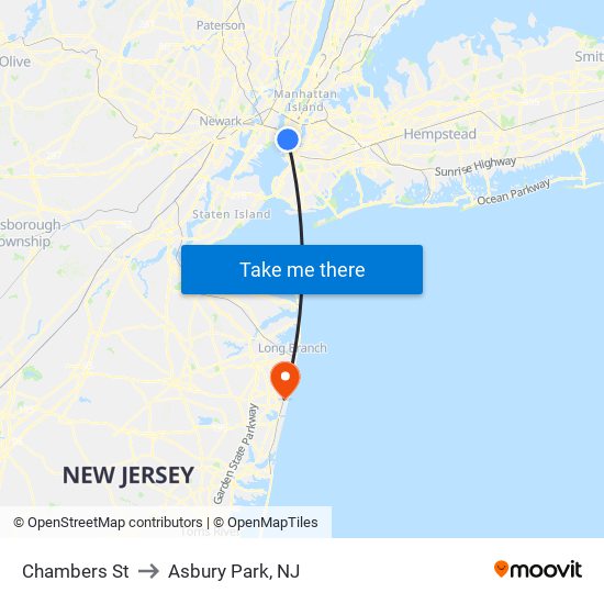 Chambers St to Asbury Park, NJ map