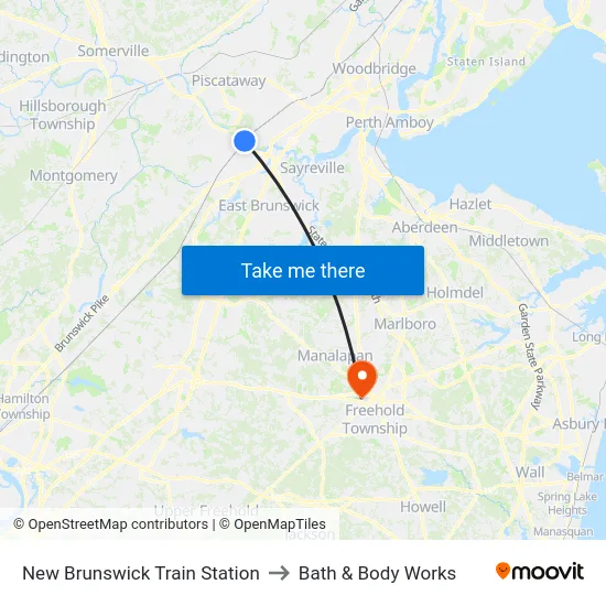 New Brunswick Train Station to Bath & Body Works map