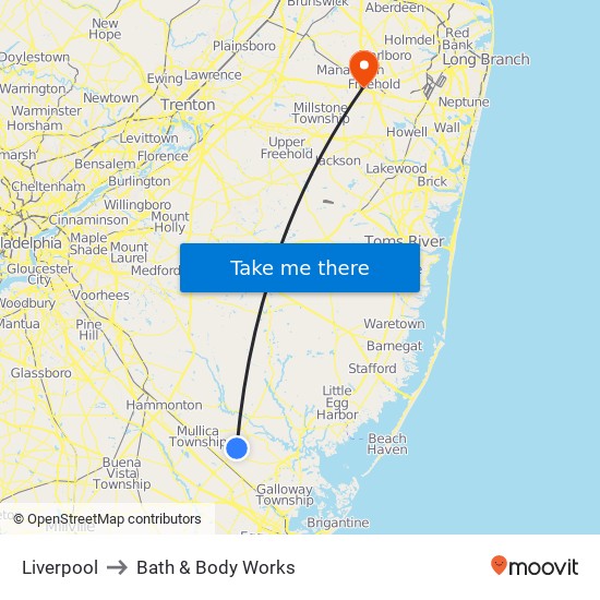 Liverpool to Bath & Body Works map