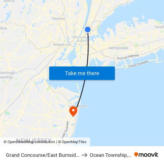 Grand Concourse/East Burnside Av to Ocean Township, NJ map