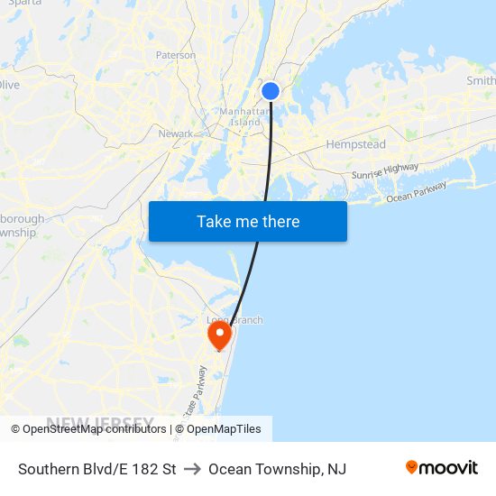 Southern Blvd/E 182 St to Ocean Township, NJ map