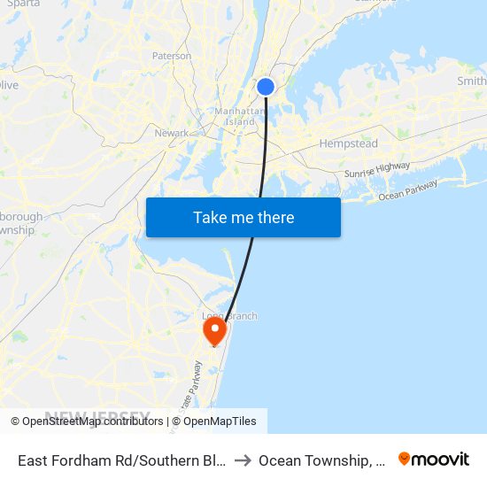 East Fordham Rd/Southern Blvd to Ocean Township, NJ map