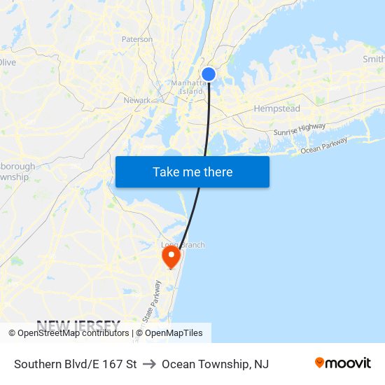 Southern Blvd/E 167 St to Ocean Township, NJ map