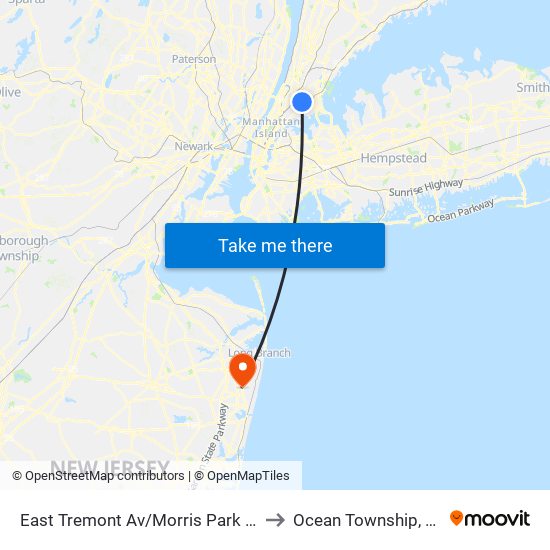 East Tremont Av/Morris Park Av to Ocean Township, NJ map