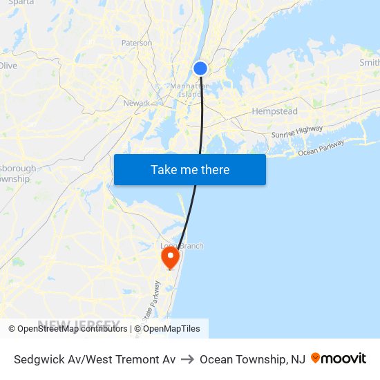 Sedgwick Av/West Tremont Av to Ocean Township, NJ map