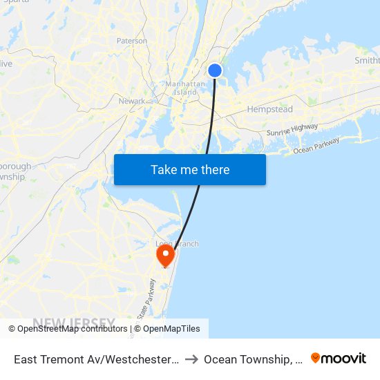 East Tremont Av/Westchester Av to Ocean Township, NJ map
