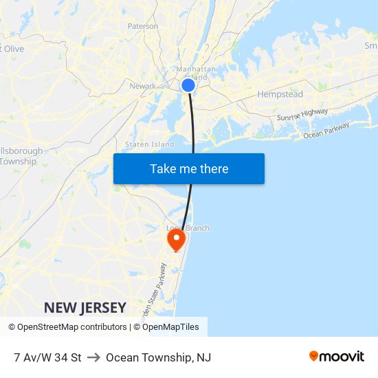 7 Av/W 34 St to Ocean Township, NJ map