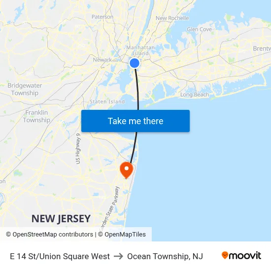 E 14 St/Union Square West to Ocean Township, NJ map