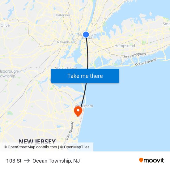 103 St to Ocean Township, NJ map