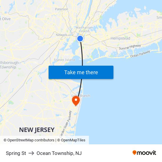 Spring St to Ocean Township, NJ map