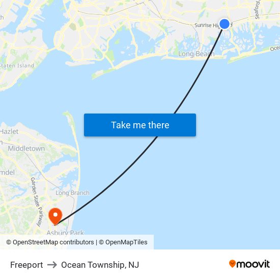 Freeport to Ocean Township, NJ map