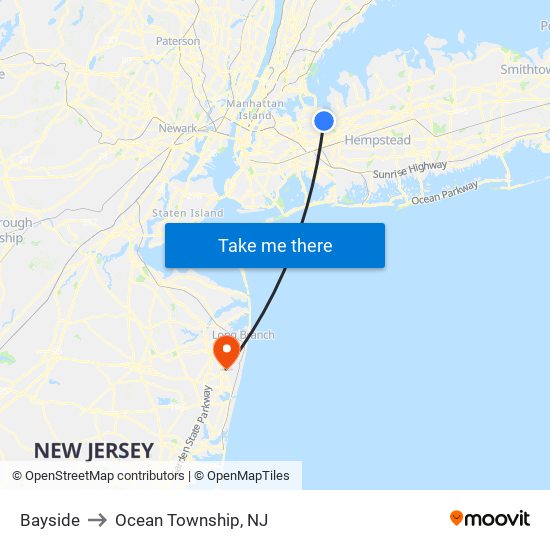 Bayside to Ocean Township, NJ map