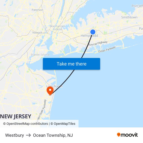 Westbury to Ocean Township, NJ map