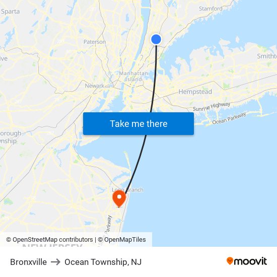 Bronxville to Ocean Township, NJ map