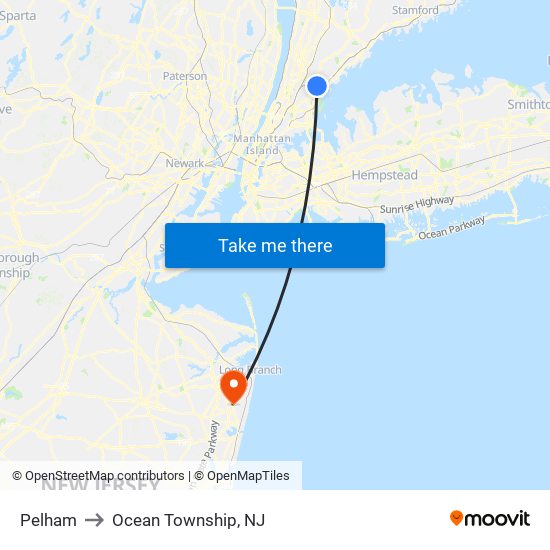 Pelham to Ocean Township, NJ map