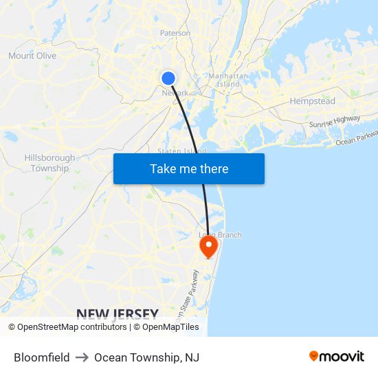 Bloomfield to Ocean Township, NJ map