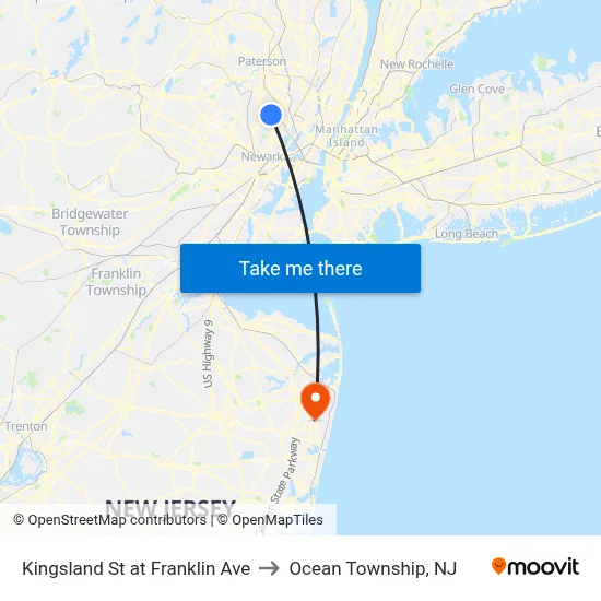Kingsland St at Franklin Ave to Ocean Township, NJ map