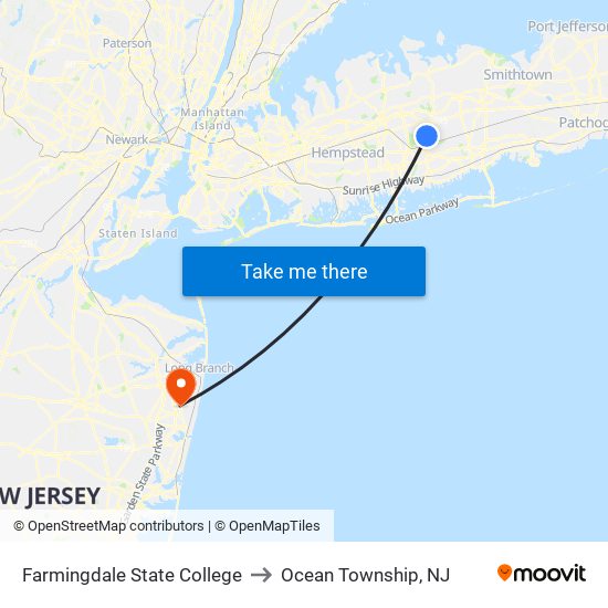 Farmingdale State College to Ocean Township, NJ map