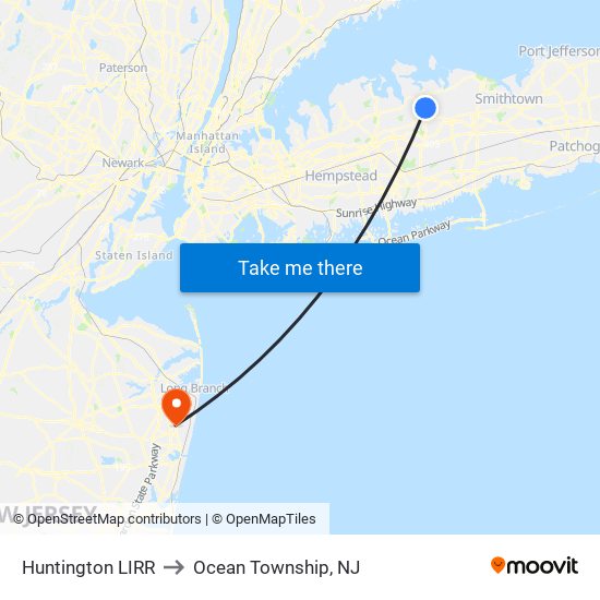 Huntington LIRR to Ocean Township, NJ map