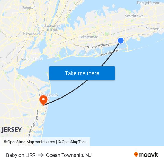 Babylon LIRR to Ocean Township, NJ map