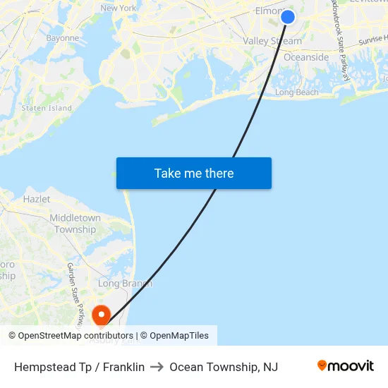 Hempstead Tp / Franklin to Ocean Township, NJ map