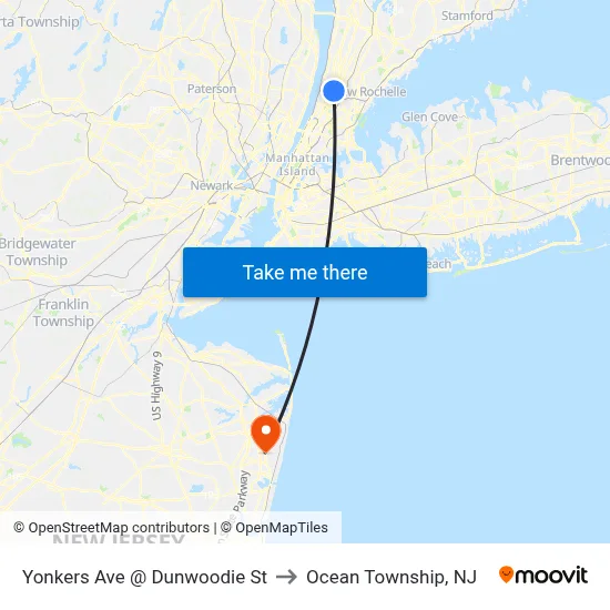 Yonkers Ave @ Dunwoodie St to Ocean Township, NJ map