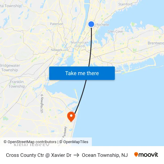 Cross County Ctr @ Xavier Dr to Ocean Township, NJ map