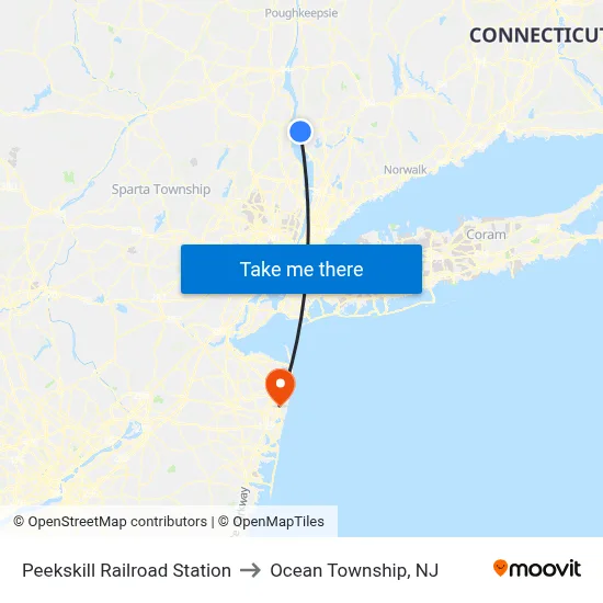 Peekskill Railroad Station to Ocean Township, NJ map