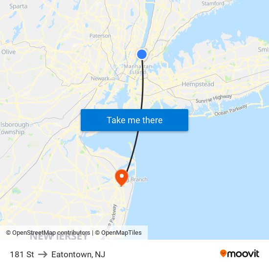 181 St to Eatontown, NJ map