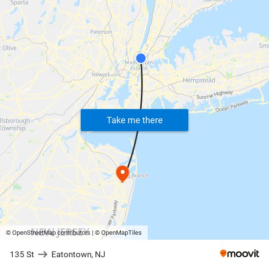 135 St to Eatontown, NJ map