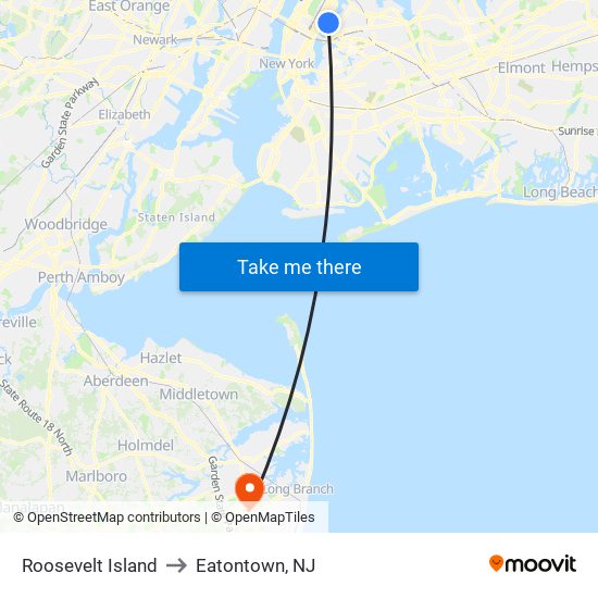 Roosevelt Island to Eatontown, NJ map