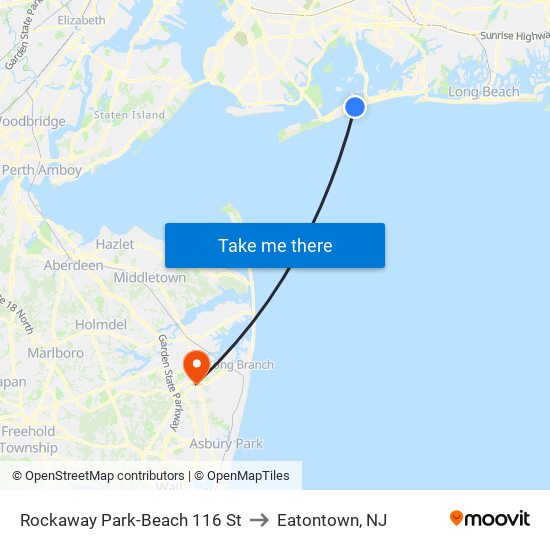 Rockaway Park-Beach 116 St to Eatontown, NJ map