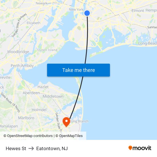 Hewes St to Eatontown, NJ map