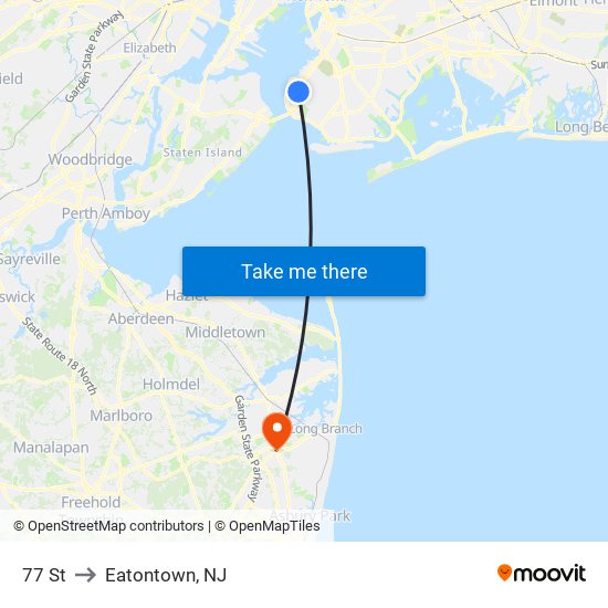 77 St to Eatontown, NJ map