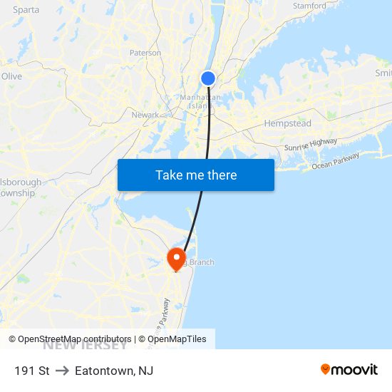 191 St to Eatontown, NJ map