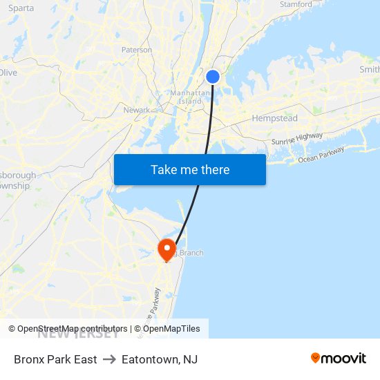 Bronx Park East to Eatontown, NJ map