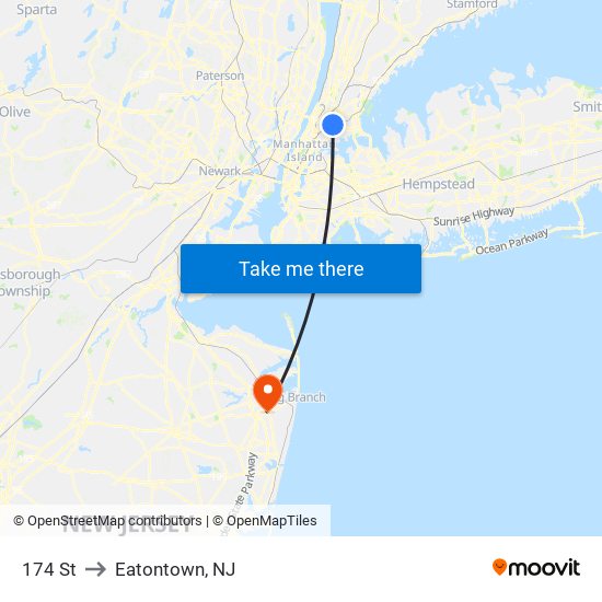 174 St to Eatontown, NJ map