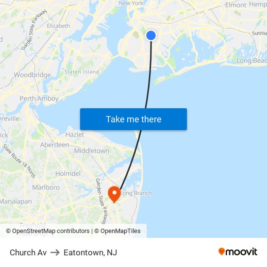 Church Av to Eatontown, NJ map