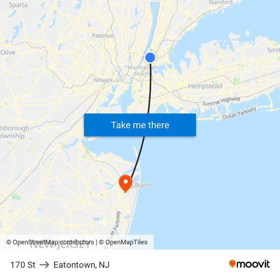 170 St to Eatontown, NJ map