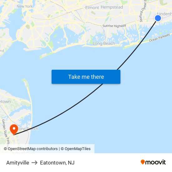 Amityville to Eatontown, NJ map