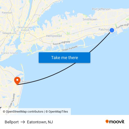 Bellport to Eatontown, NJ map