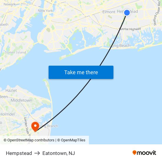 Hempstead to Eatontown, NJ map