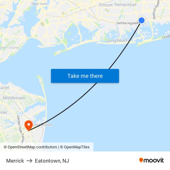 Merrick to Eatontown, NJ map